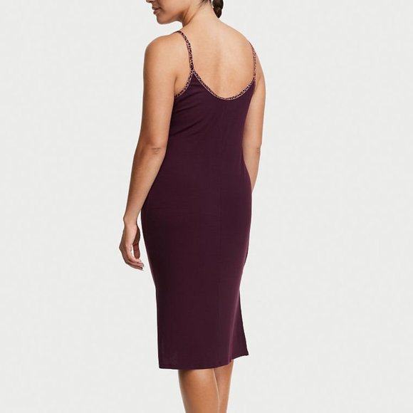 VS Modal Rib Nightgown Purple w/ Leopard Print Trim So Comfy and Cute - Picture 8 of 15